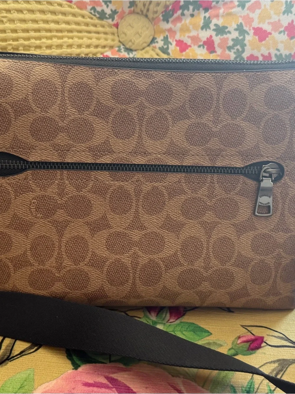 New Coach Brown Signature Canvas Messenger Bag with Black Trim - NWOT.